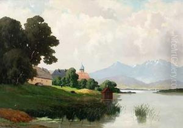 Voralpenlandschaft Mit Kloster Am Ufer Oil Painting by Josef Muhlbeck