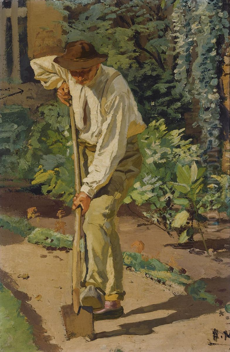 At Work In The Garden Oil Painting by Albert Ernst Muhlig