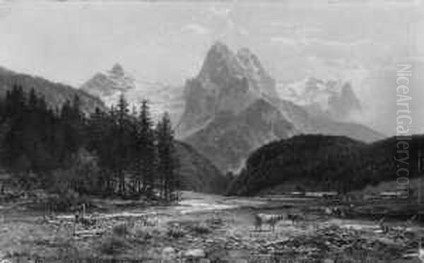 Alpenlandschaft Mit Dem 
Rosenlauigletscher. Signiert Unten Links: B. Muhlig. Ol Auf Leinwand. H 
28; B 45 Cm. Oil Painting by Bernhard Muthlig