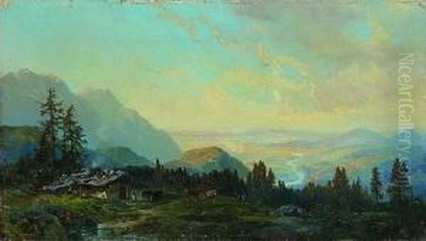 Blick Von Einer Alm Auf Ein Weites
 Flusstal Oil Painting by Bernhard Muthlig