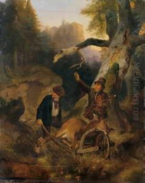 Zwei Wildererszenen. 1. Wilderer
 Einen Erlegten Hirsch Abtransportierend. 2. Wilderer Den Erlegten 
Hirsch Aufbrechend Oil Painting by Meno Muhlig