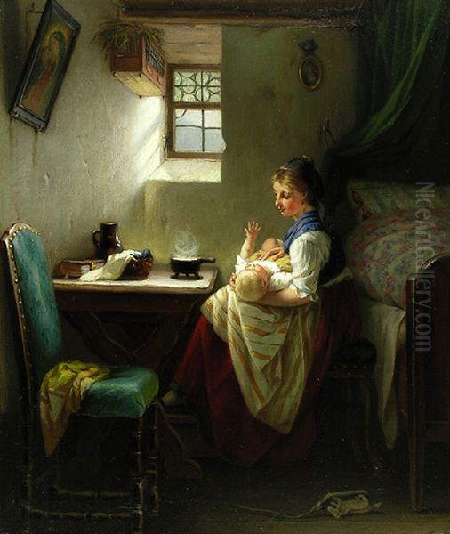 Interieur Mit Mutter Und Kind Oil Painting by August Muller