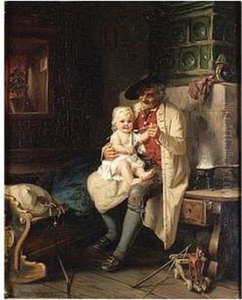 Muller , Baby's Dinner, Signed 
And Inscribed Munchen, Oil On Canvas, 45.5 X 36 Cm.; 17 3/4 X 14 In Oil Painting by August Muller