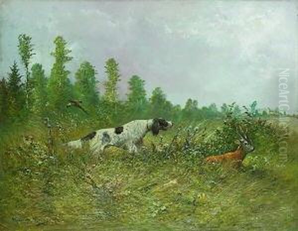 Jagdhund, Einen Rehbock
 Verfolgend. Oil Painting by Moritz Muller