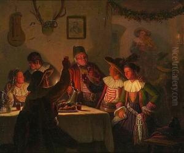 Frohlicher Umtrunk In Einer
 Tiroler Bauernschenke Oil Painting by Moritzfeuermuller I Muller