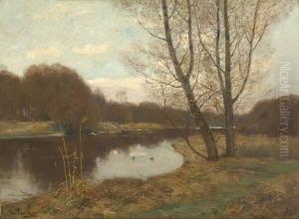 Herbstliche
 Flusslandschaft. Oil Painting by Peter Paul Muller