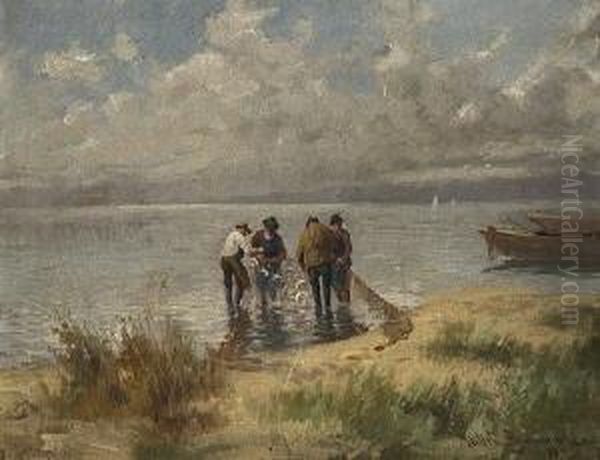 Fischer Mit Ihrem Netz Am
 Seeufer. Oil Painting by Karl Muller-Baumgarten