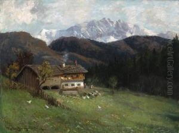 Bauernhaus In
 Gebirgslandschaft. Oil Painting by Karl Muller-Baumgarten