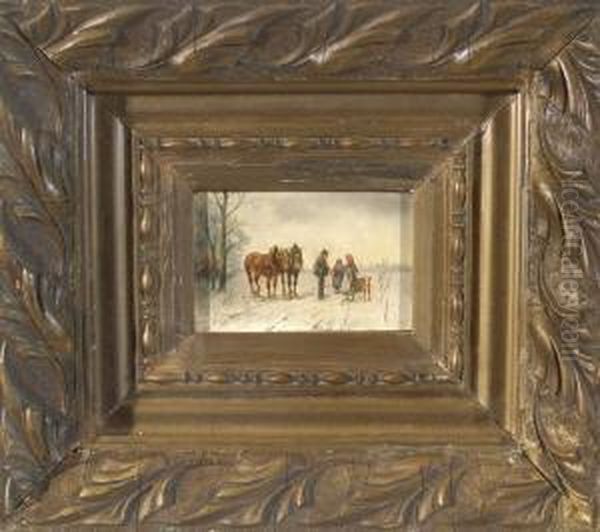 Plausch Auf Der Winterlichen 
Strase Vor Munchen - Bauer Mit Zwei Pferden Und Zwei Bauerinnen Mit Kalb Oil Painting by Ludwig Muller-Cornelius