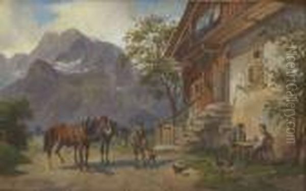 Rast Vor Dem Bauernhaus - Gesprach
 Auf Der Dorfstrase. Oil Painting by Ludwig Muller-Cornelius