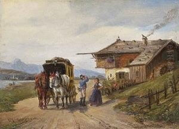 Halt Der Postkutsche Vor Dem
 Bauernhaus. Oil Painting by Ludwig Muller-Cornelius