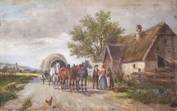 Pferdefuhrwerk Vor Dem
 Bauernhaus. Oil Painting by Ludwig Muller-Cornelius