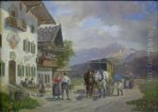 Alpine Village Oil Painting by Ludwig Muller-Cornelius