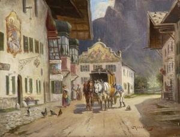 Halt Der Postkutsche Vor Dem
 Gasthaus. Oil Painting by Ludwig Muller-Cornelius