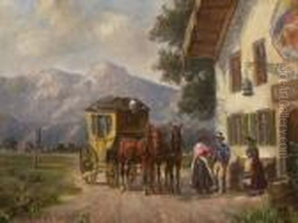 Halt Der Postkutsche Vor Dem
 Gasthaus. Oil Painting by Ludwig Muller-Cornelius