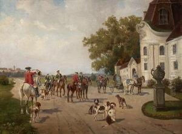Jagdgesellschaft Mit Hunden Vor
 Einem Rokoko-schlosschen. Oil Painting by Ludwig Muller-Cornelius