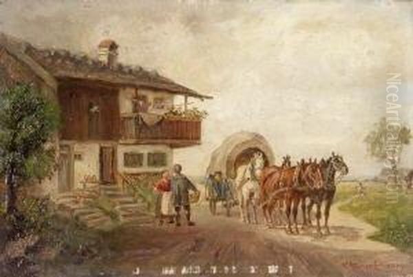 Vierspanniger Planwagen Vor Einem
 Bauernhaus. Oil Painting by Ludwig Muller-Cornelius