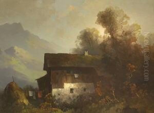 Bauernhaus In Herbstlicher
 Gebirgslandschaft. Oil Painting by Oskar Mulley