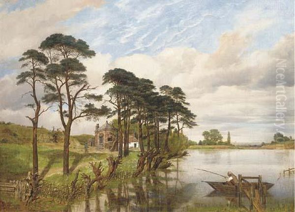 A Fisherman In A Lake Landscape Oil Painting by William Mulready