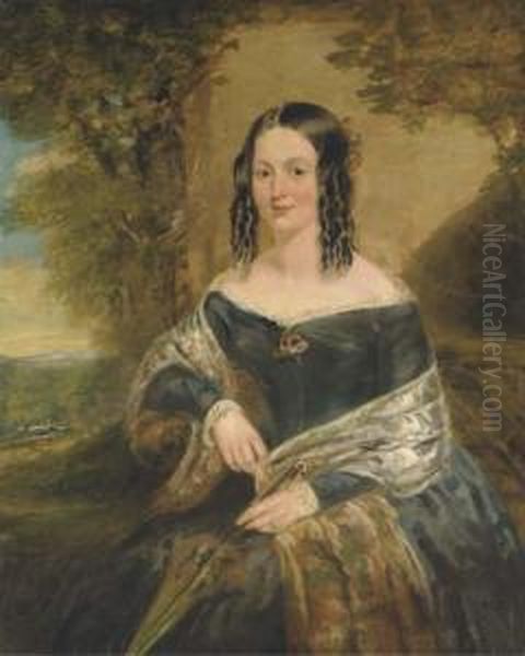 Portrait Of A Lady, 
Three-quarter Length, Seated, In A Blue Dresswith A Patterned Shawl And 
Parasol, A Floral Brooch On Her Chest,in A Landscape Oil Painting by William Mulready