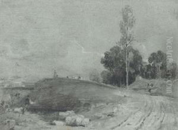 A Shepherd With His Flock On A Track, A River Beyond Oil Painting by William Mulready