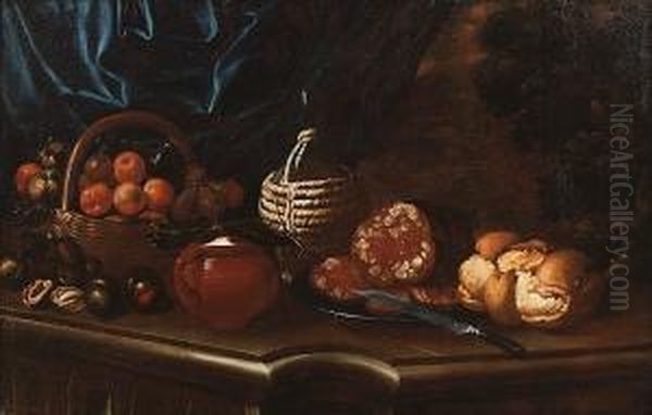 Peaches, Figs And Apples In A 
Basket, An Earthenware Jar, Salame On A Pewter Plate With A Knife, A 
Bottle And Bread On A Stone Ledge, A View To A Landscape Beyond Oil Painting by Cristoforo Munari