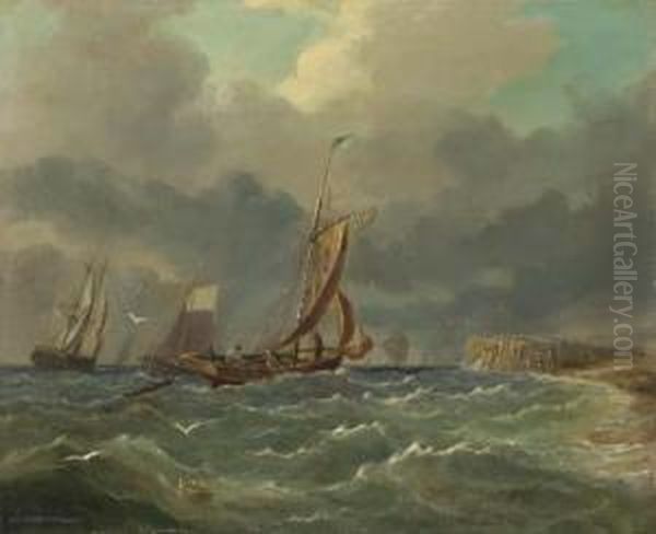 Rough Seas; Shipping Off The Coast Oil Painting by J. Mundell