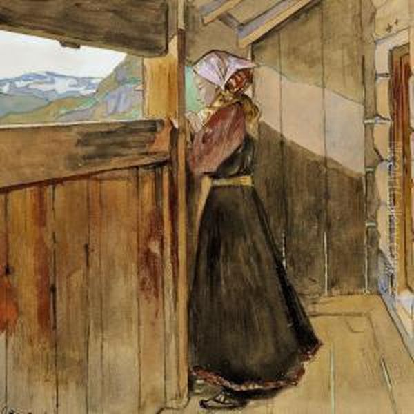 A Young Girl Looking Out Of A Cabin In Hallingdal Oil Painting by Gerhard Munthe