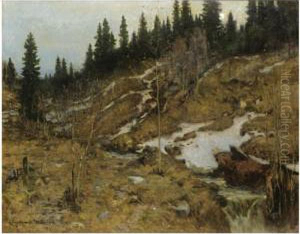 Snodekket Elvelandskap (snowy River Landscape) Oil Painting by Gerhard Munthe