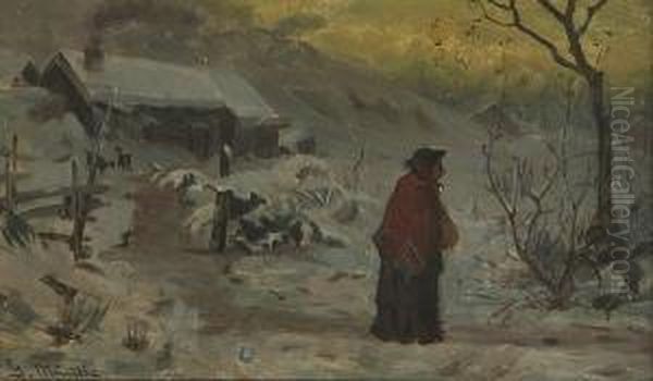 A Winter Scene With A Figure Walking Along Apath Oil Painting by Gerhard Munthe