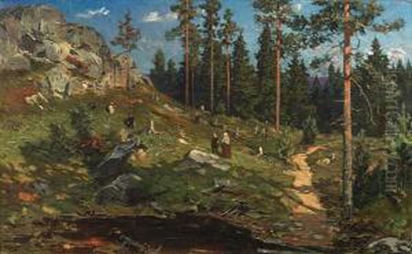 Mennesker I Skogslandskap Oil Painting by Gerhard Munthe