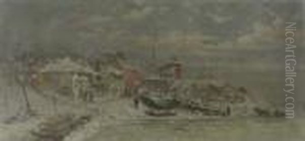 Winterliches Fischerdorf In Der
 Abenddammerung. Oil Painting by Gerhard Munthe