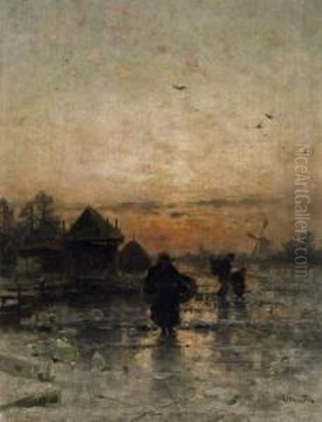 Winter Evening In Holland. 
Farmers Returning Home On A Snowy Road. Signed Bottom Right: L. Munthe Oil Painting by Ludwig Munthe