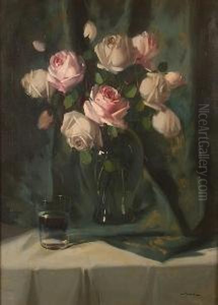 A Still Life Of Pink Roses In Glass Vase Oil Painting by Vilmos Murin