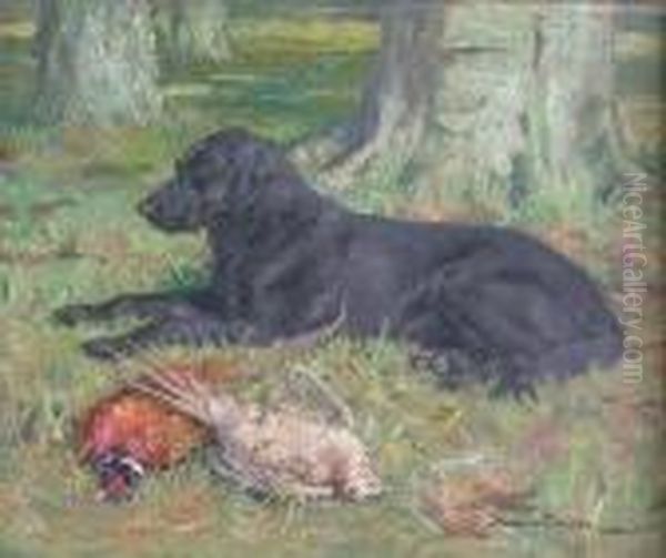 Study Of A Black Labrador Boojum With Dead Game Oil Painting by J. Murray