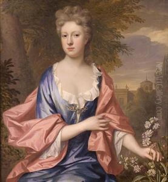 Portrait Of A Lady, Half-length,
 In A Blue Dress With A Salmon Pink Wrap, Picking A Flower, A View To 
Palace Garden Beyond Oil Painting by Thomas Murray