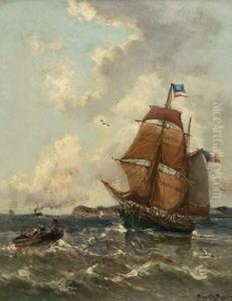 Zweimaster Mit Beiboot Auf
 Bewegter See. Oil Painting by Auguste Henri Musin