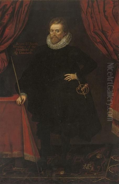 Portrait Of Roger, 2nd Lord 
North (d.1600), Full-length, In A Blackcoat And Breeches, A Baton In His
 Right Hand, By A Drapedtable Oil Painting by Daniel Mytens