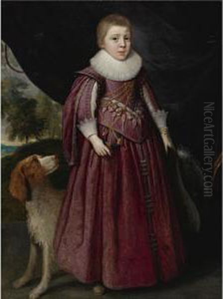 Portrait Of A Young Boy, 
Standing Full-length, In A Maroon Dress And A White Ruff, Holding A 
Plumed Hat In His Left Hand, With A Spaniel Oil Painting by Daniel Mytens
