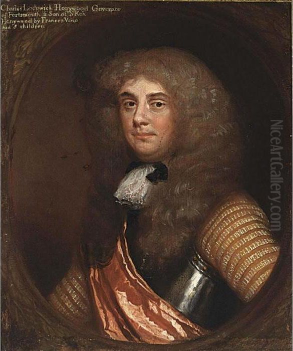A Portrait Of A Gentleman, Said 
To Be Charles Lodowick Honeywood, Governor Of Portsmouth, Half Length, 
Wearing Armour With A Red Sash And A Wig, In A Painted Oval Oil Painting by Daniel Mytens