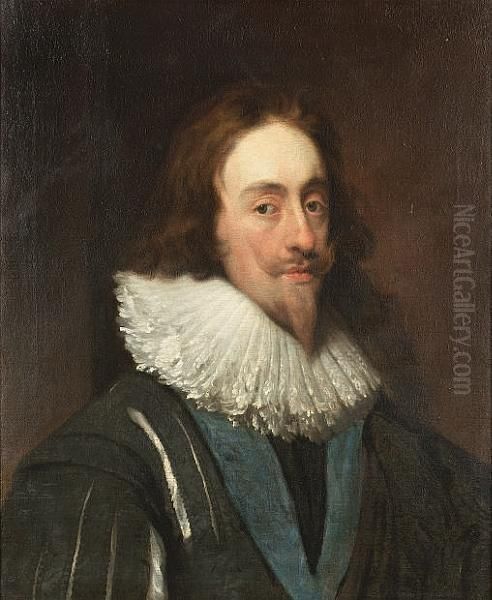 Portrait Of Charles I, 
Bust-length, In A Slashed Dark Blue Tunic, Ruff And The Ribbon Of The 
Order Of The Garter Oil Painting by Daniel Mytens