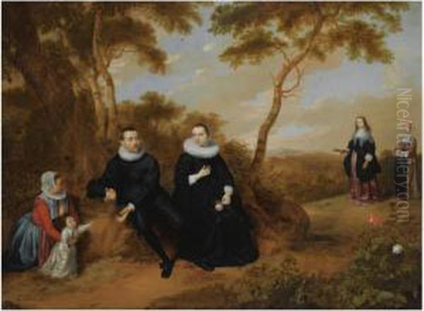 A Portrait Of A Gentleman And 
His Wife, Their Son And A Wetnurse, Seated Full-length In A Wooded 
Landscape, Their Daughter Anda Maid Approaching On A Path Oil Painting by Jan Mytens