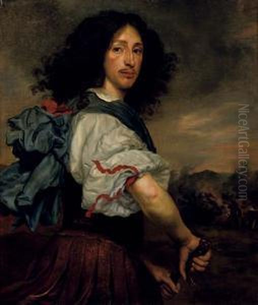 Portrait Of Frederick, Landgraf 
Of Hessen-eschwege, Half-length, As A Roman Soldier, A Cavalry 
Engagement Beyond Oil Painting by Jan Mytens