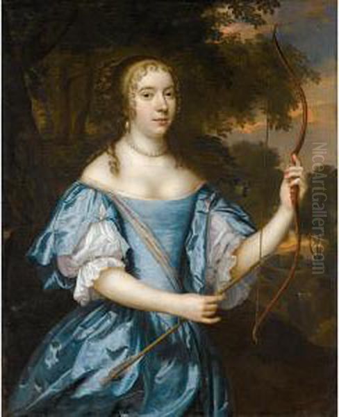 Portrait Of A Lady As Diana, 
Three-quarter Length, Wearing A Blue Silk Dress And A Pearl Necklace, 
And Holding A Bow And Arrow Oil Painting by Jan Mytens