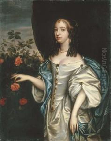 Portrait Of Lady, Three-quarter 
Length, In A Grey Satin Dress Andpearl Jewels, Beside A Rose Bush Oil Painting by Jan Mytens