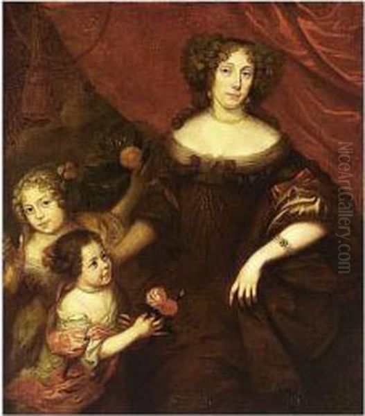 Portrait Of A Lady With Her Two 
Daughters, One Holding An Orange Tree, And The Other Roses Oil Painting by Jan Mytens