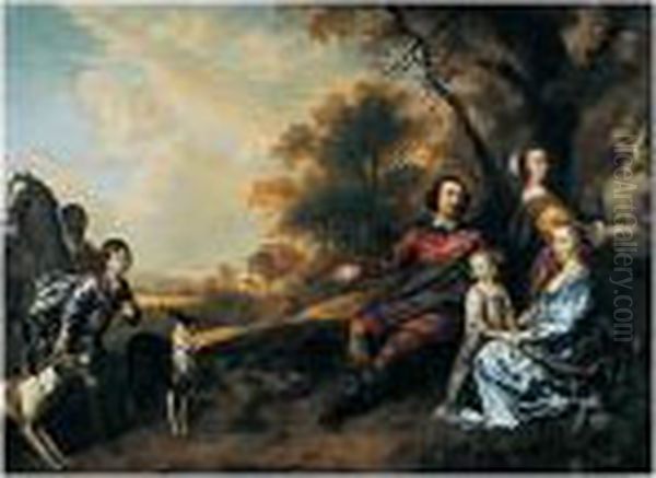 A Family Group Portrait: A Lady 
And Gentleman Seated In A Landscape Beside Their Two Daughters, Their 
Son With Two Dogs And A Horse Held By A Negro Groom To The Left Oil Painting by Jan Mytens