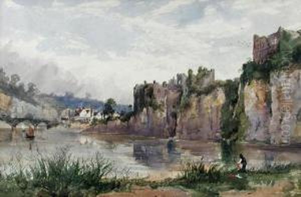 A View Of Chepstow Castle On The
 River Wye Singed Lower Left With Initials 