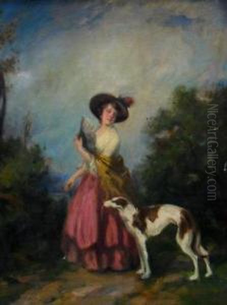A Lady And A Lurcher In Wooded Landscape Oil Painting by Vilmos Nagy