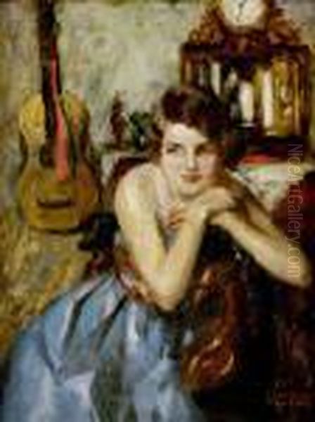 Dama S Gitarou Oil Painting by Vilmos Nagy